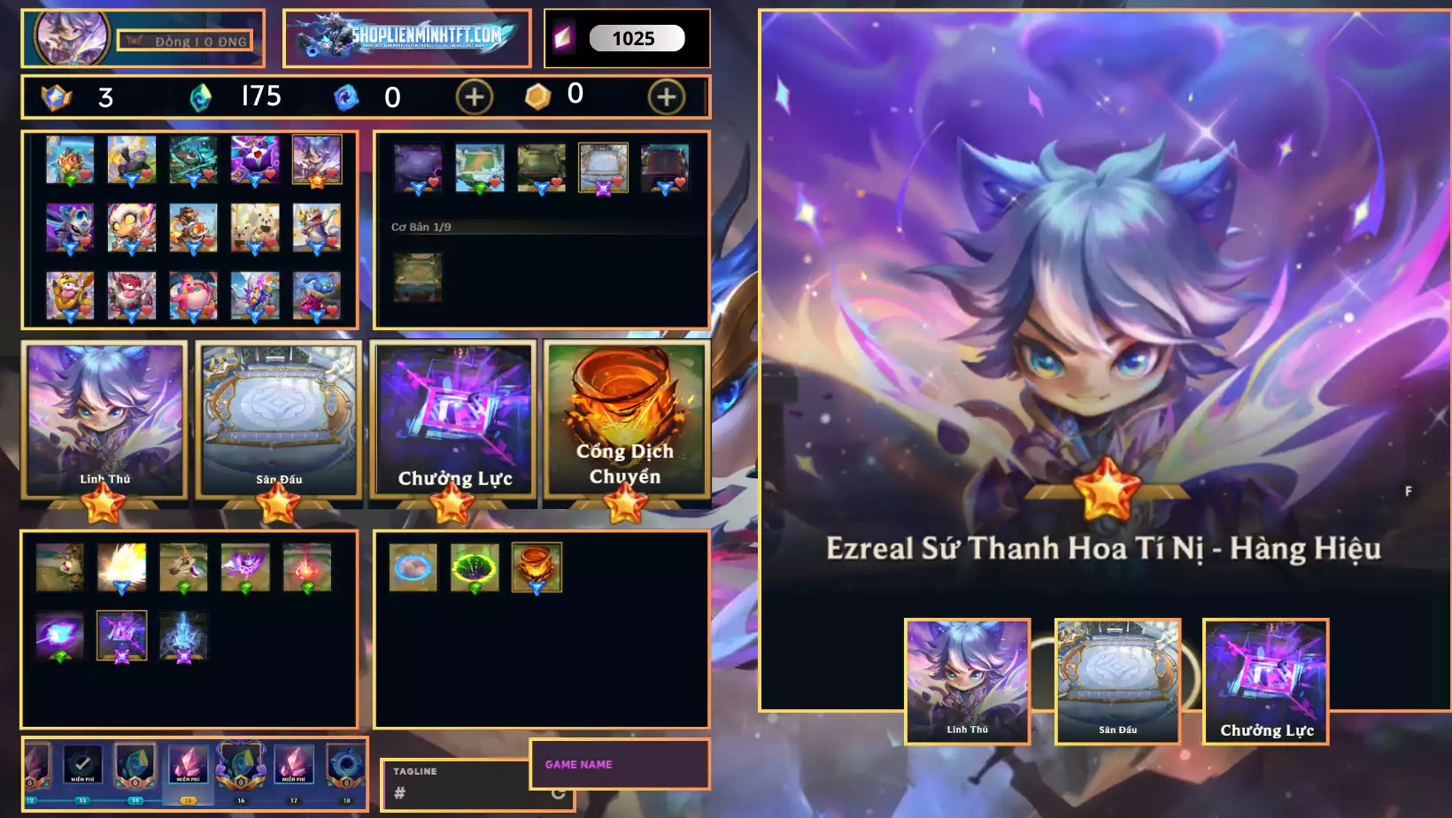 - Ezreal Sứ Thanh Hoa Tí Nị Hàng Hiệu  - Dư 3 Huy Chương - 1 Vàng - 3 Tím - 1 Sàn Tím  - Dư 175 Pha Lê - 0 Tí Nị Thường - 2 Sàn Đỏ  - Chưởng Lực Như Ảnh - Rank TFT Đồng - Còn Đổi Tên